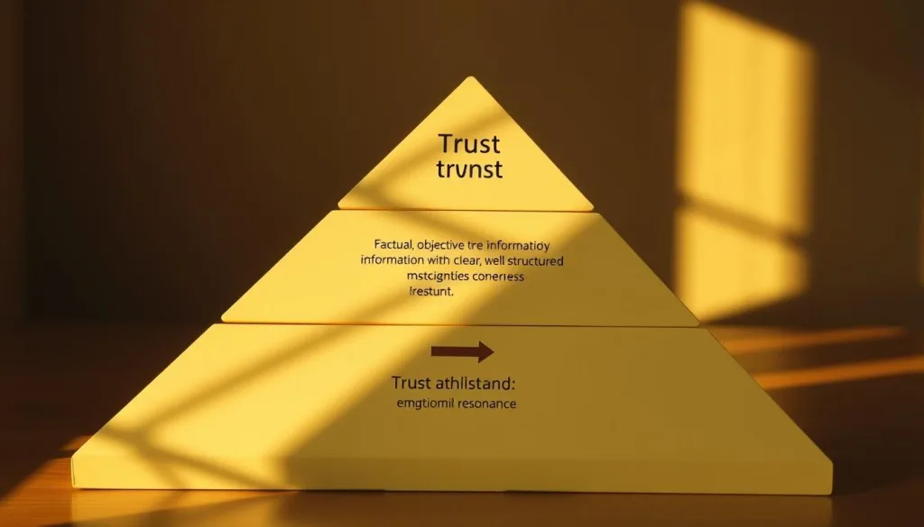 A pyramid-shaped composition with three distinct tiers representing the levels of trust in web content. The bottom tier is a sturdy, broad foundation of factual, objective information. The middle tier features content with clear, well-structured logic and coherent narrative. The top tier is a slim peak of content that exhibits authentic, emotional resonance. Warm, natural lighting casts subtle shadows, creating depth and dimension. The scene is captured from a slightly elevated, three-quarter angle, providing an encompassing view of the trust pyramid. The overall mood is one of thoughtful contemplation, inviting the viewer to consider the different aspects of building trust through web content. A pyramid-shaped composition with three distinct tiers representing the levels of trust in web content. The bottom tier is a sturdy, broad foundation of factual, objective information. The middle tier features content with clear, well-structured logic and coherent narrative. The top tier is a slim peak of content that exhibits authentic, emotional resonance. Warm, natural lighting casts subtle shadows, creating depth and dimension. The scene is captured from a slightly elevated, three-quarter angle, providing an encompassing view of the trust pyramid. The overall mood is one of thoughtful contemplation, inviting the viewer to consider the different aspects of building trust through web content.