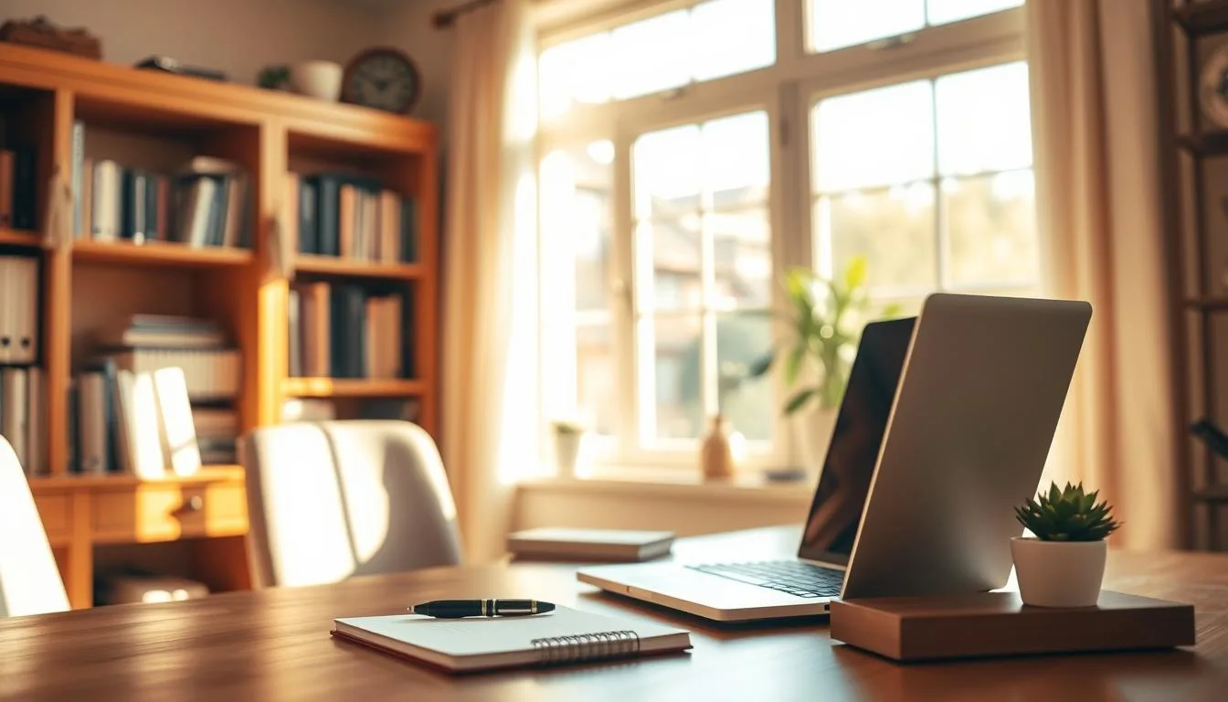 A cozy and inviting home office setting, with a wooden desk and bookshelf in the background. On the desk, a laptop and a few carefully curated items symbolizing trust-building strategies, such as a pen, a notebook, and a small potted plant. Warm, natural lighting filters in through a large window, creating a serene and productive atmosphere. The room has a sense of order and professionalism, yet feels welcoming and approachable. The overall scene conveys an image of a trustworthy and reliable online presence, where valuable content is created and shared.
