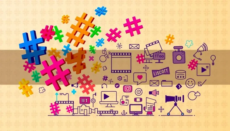 A vibrant, visually striking image depicting "Video Content Marketing Hashtags". In the foreground, a dynamic arrangement of colorful, bold hashtag symbols (#) hover and swirl, capturing the energy and interactivity of social media marketing. The middle ground features an array of video content icons, such as film strips, play buttons, and video cameras, suggesting the core focus on video-based marketing. The background is filled with a soft, gradient-based pattern in complementary hues, creating a sense of depth and underlying structure. The overall composition is balanced, with a strong visual hierarchy and a cohesive, modern aesthetic that effectively conveys the concept of "How to Use Hashtags Effectively for Video Reach".