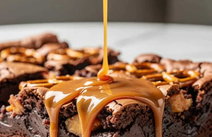 Fudgy Brownies with Caramel and Pretzels
